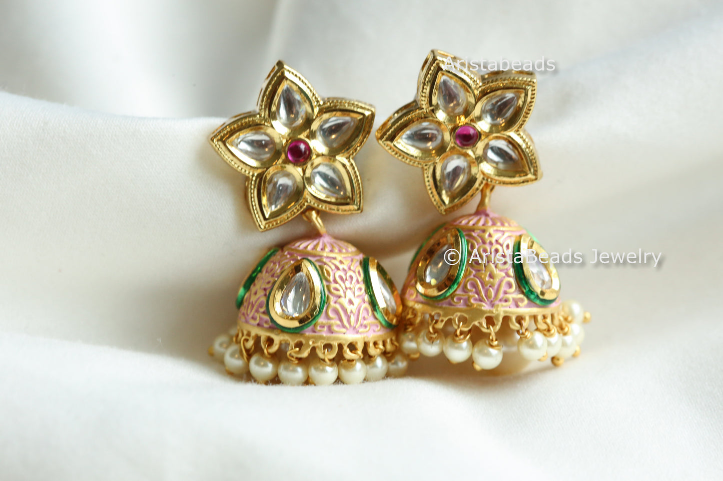 Small Kundan Enamel Jhumka - Pink Enamel