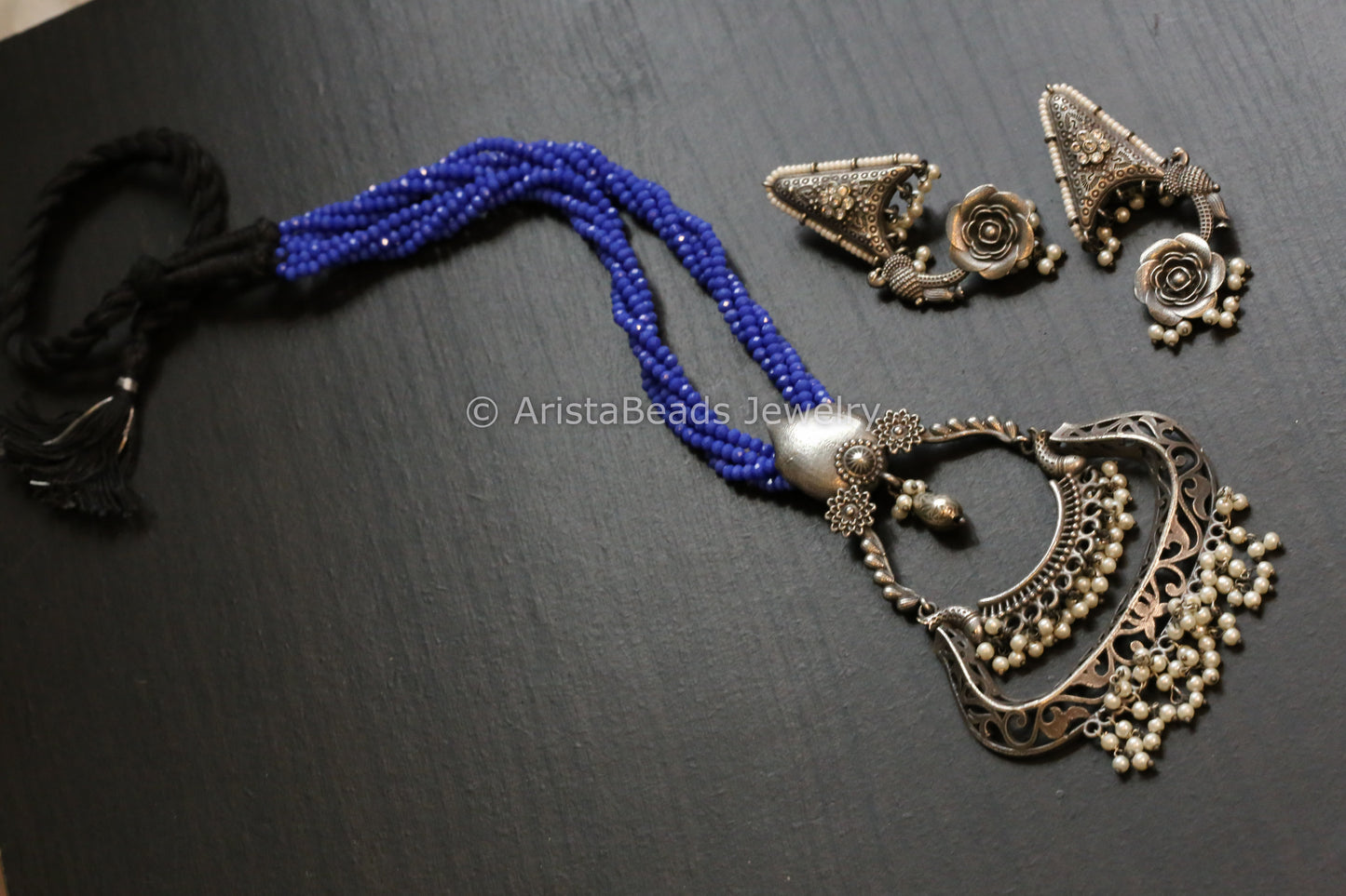 Tribal Oxidized Pearl Drop Necklace Set - Blue