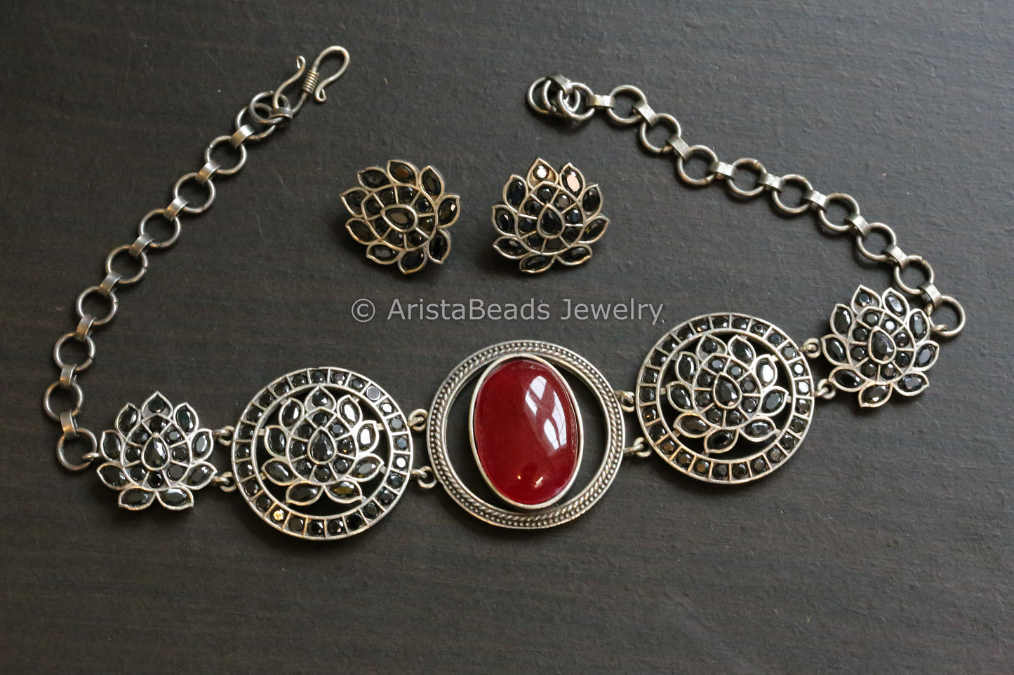 Silver Look Red Black CZ Choker Set