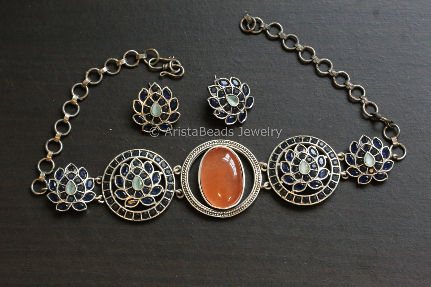 Silver Look Orange Blue Choker Set