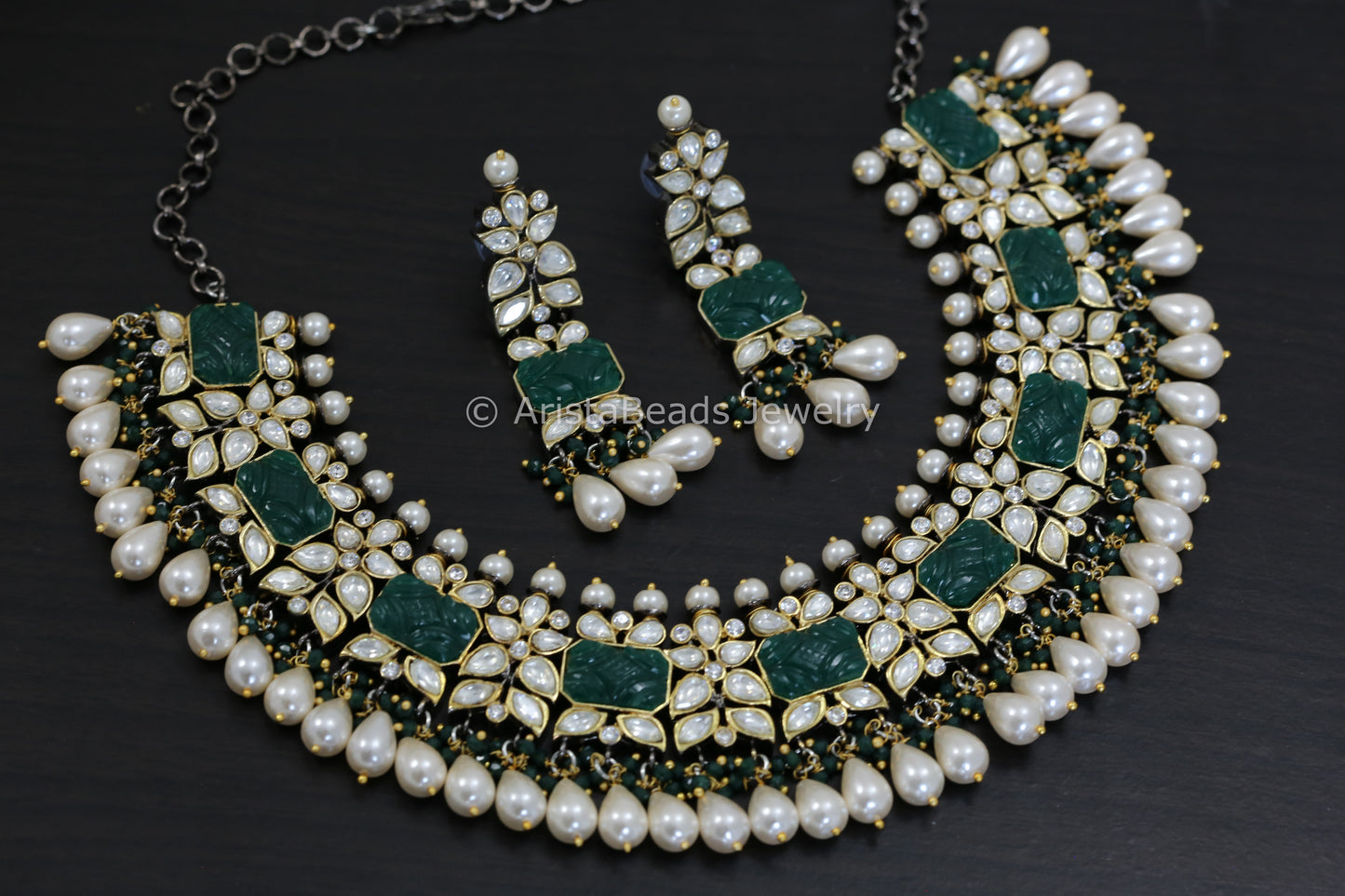 Silver Foil Polki Kundan & Carved Stone Necklace Set - Green