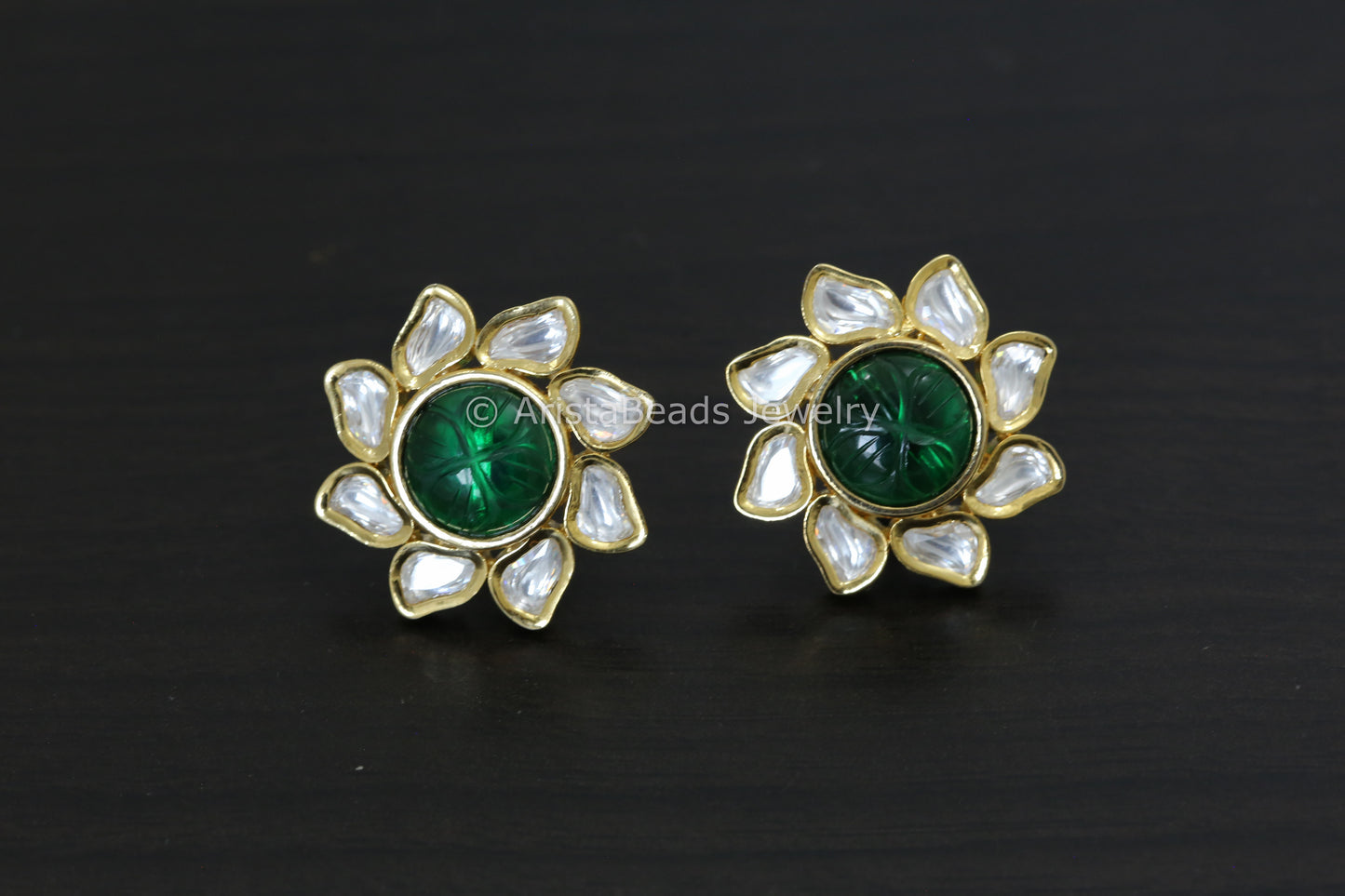 Uncut Polki & Carved Stone Flower Studs