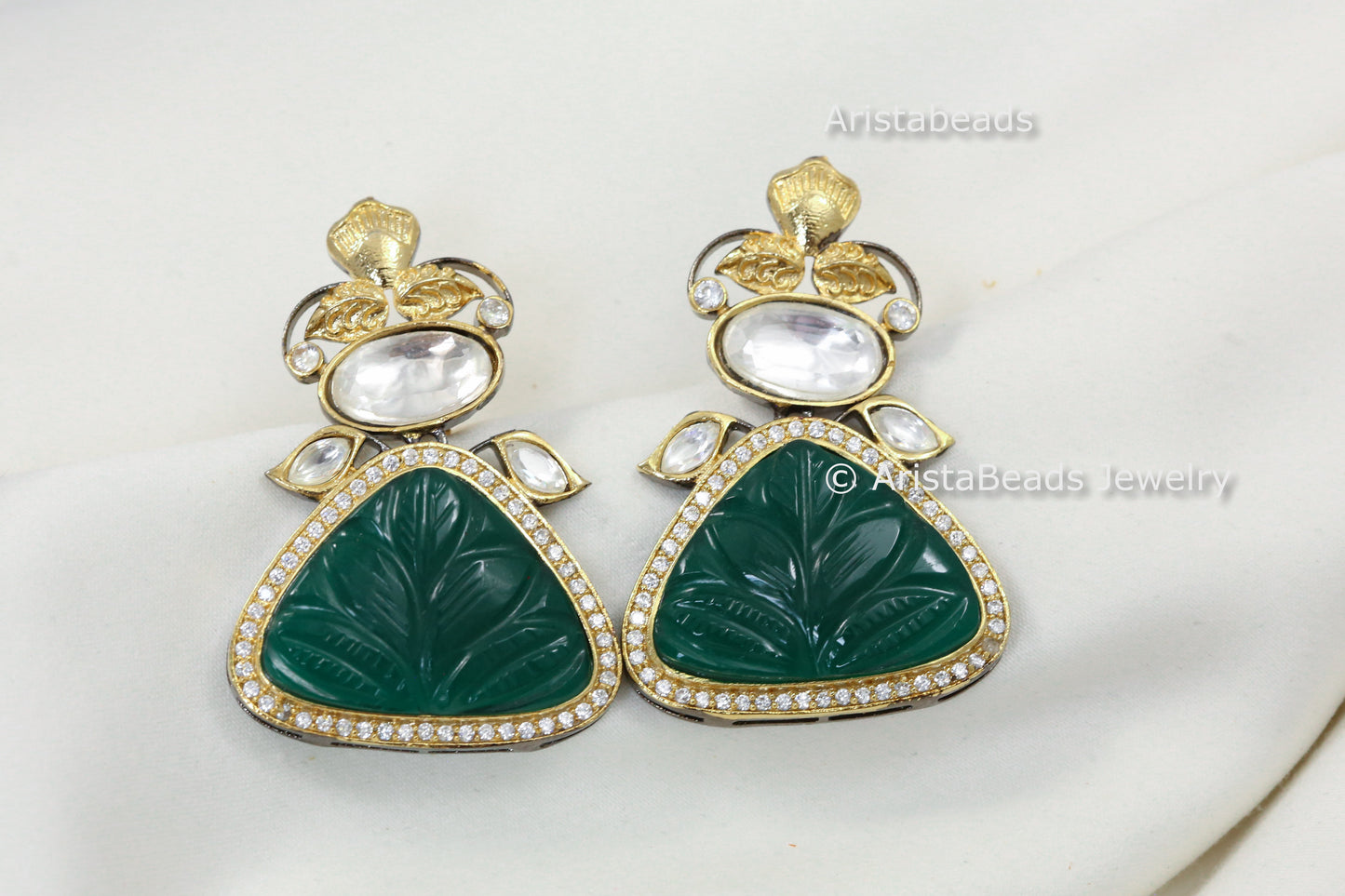 Carved Stone Uncut Polki Kundan Earrings - Green