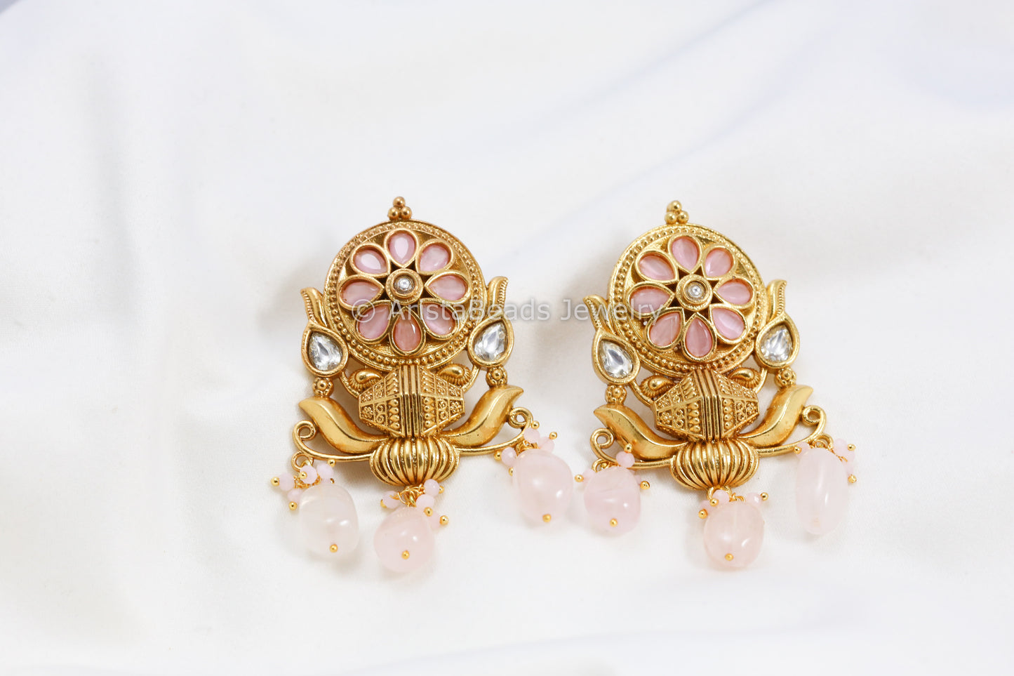 Silver Look-Alike Kundan Antique Gold Earrings - Pink