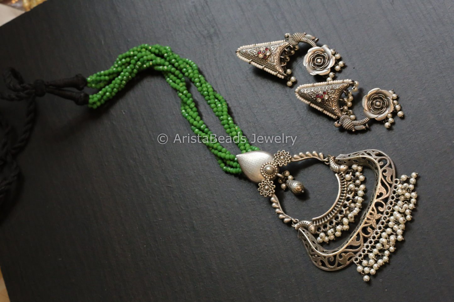 Tribal Oxidized Pearl Drop Necklace Set - Green