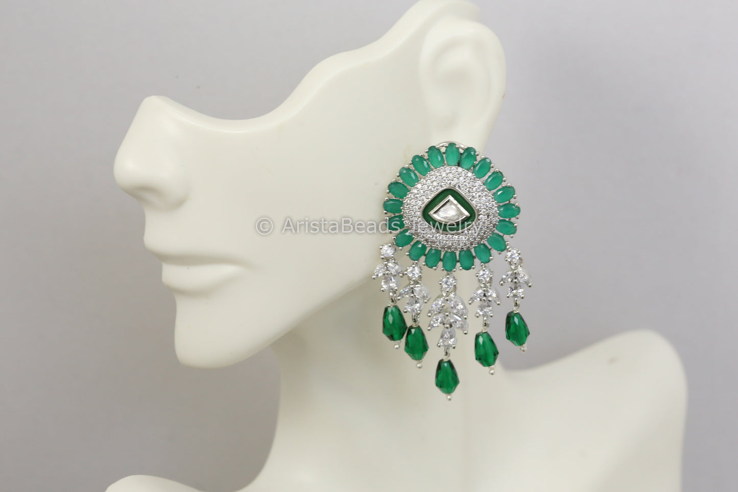 CZ Kundan Earrings - Green