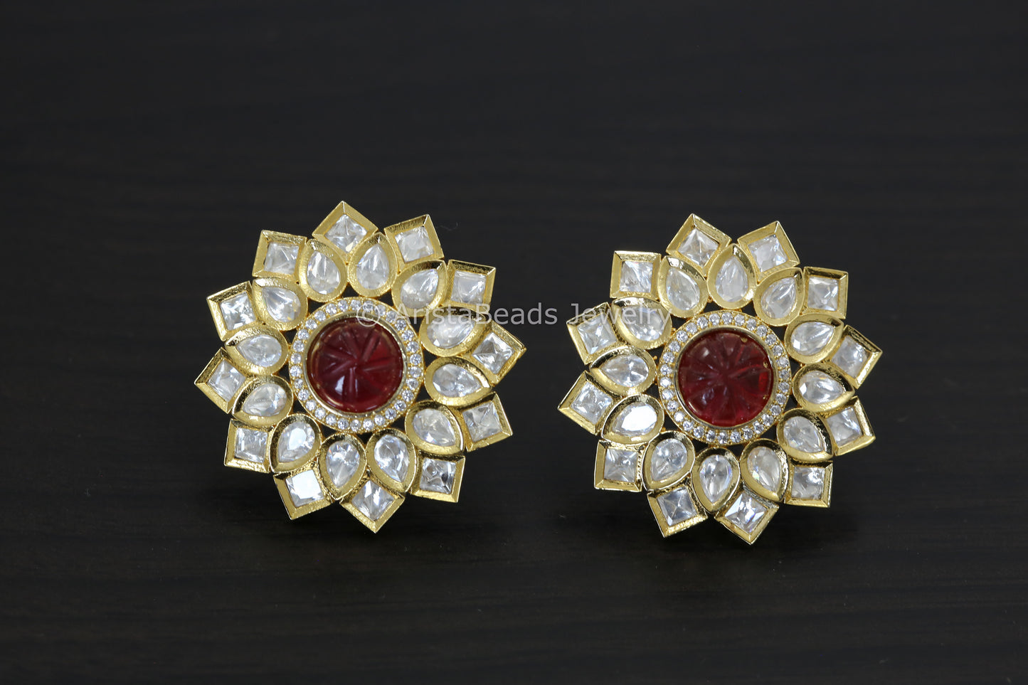 Large Silver Foil Kundan Carved Stone Studs