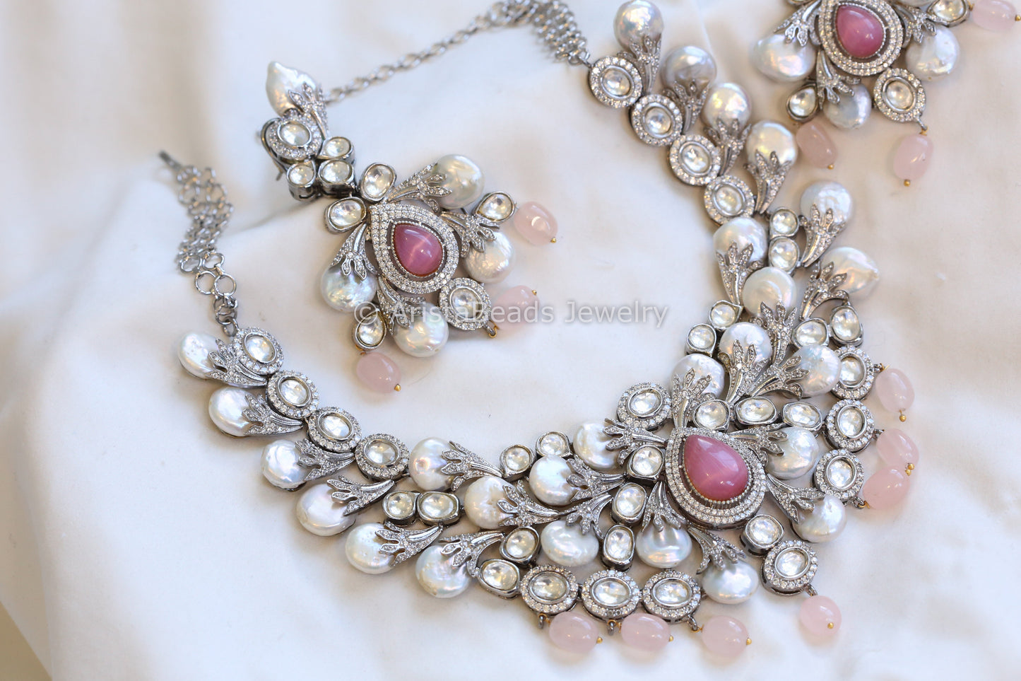 Uncut Kundan CZ & Baroque Pearl Necklace Set