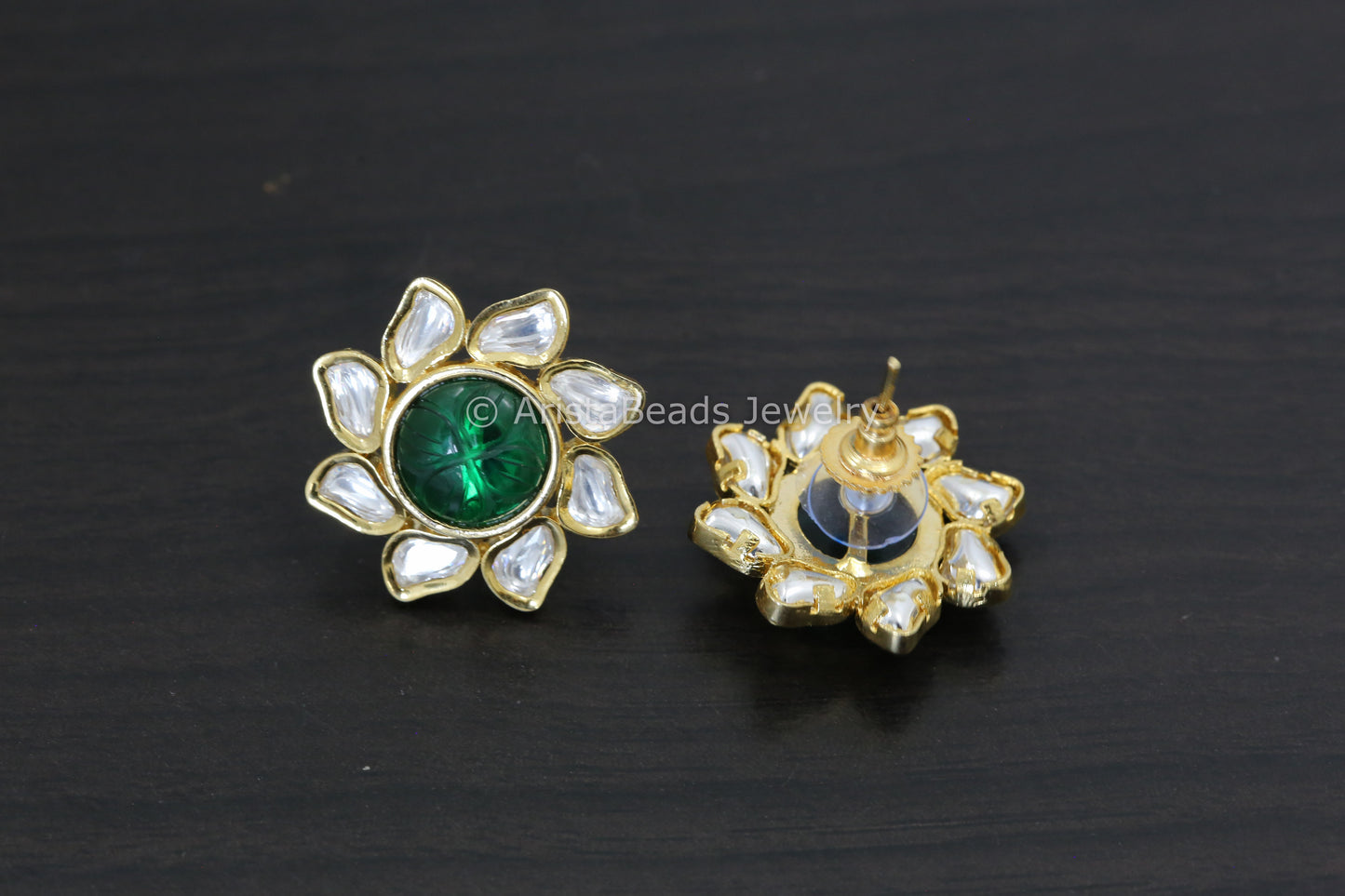 Uncut Polki & Carved Stone Flower Studs