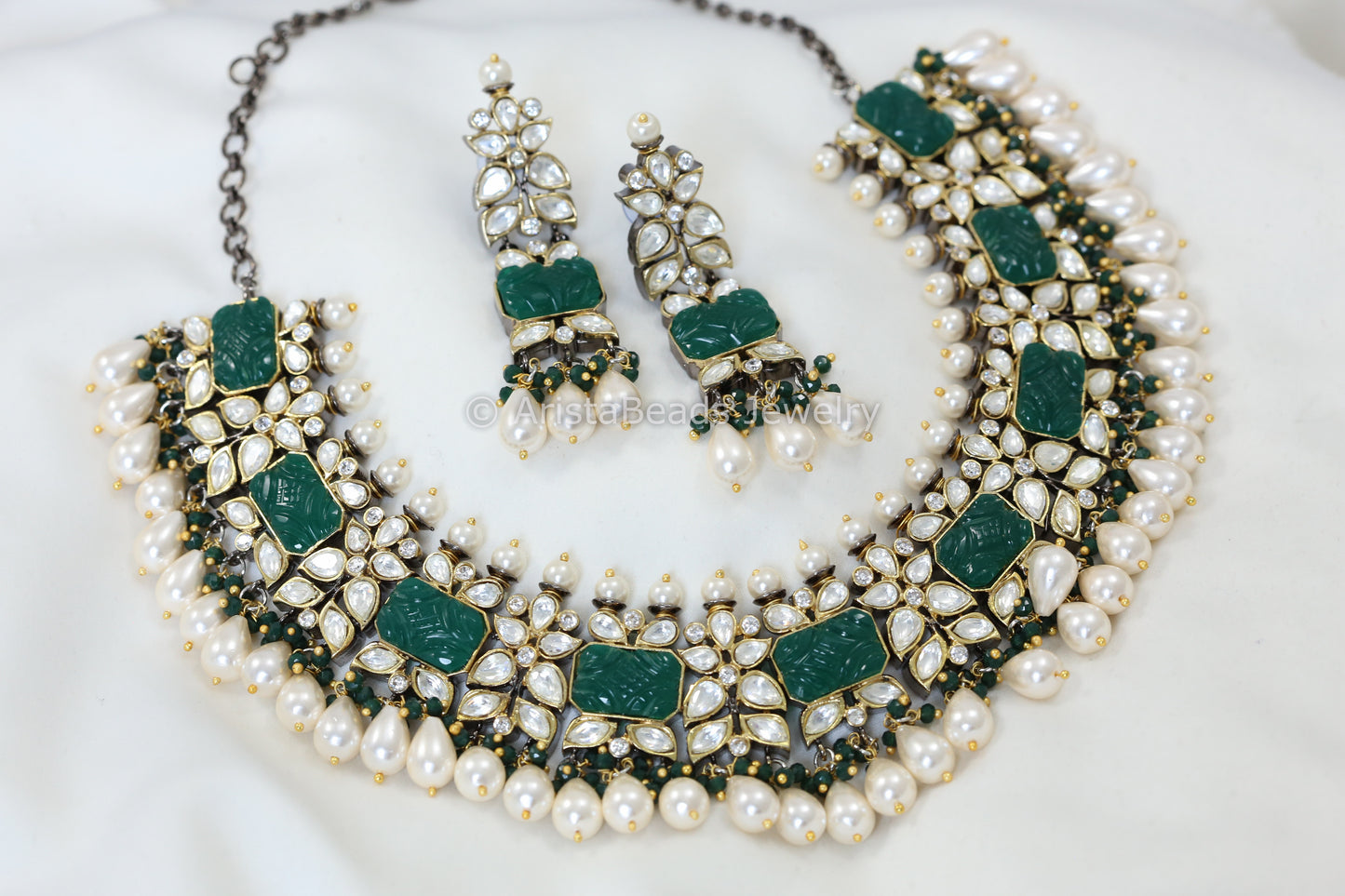 Silver Foil Polki Kundan & Carved Stone Necklace Set - Green