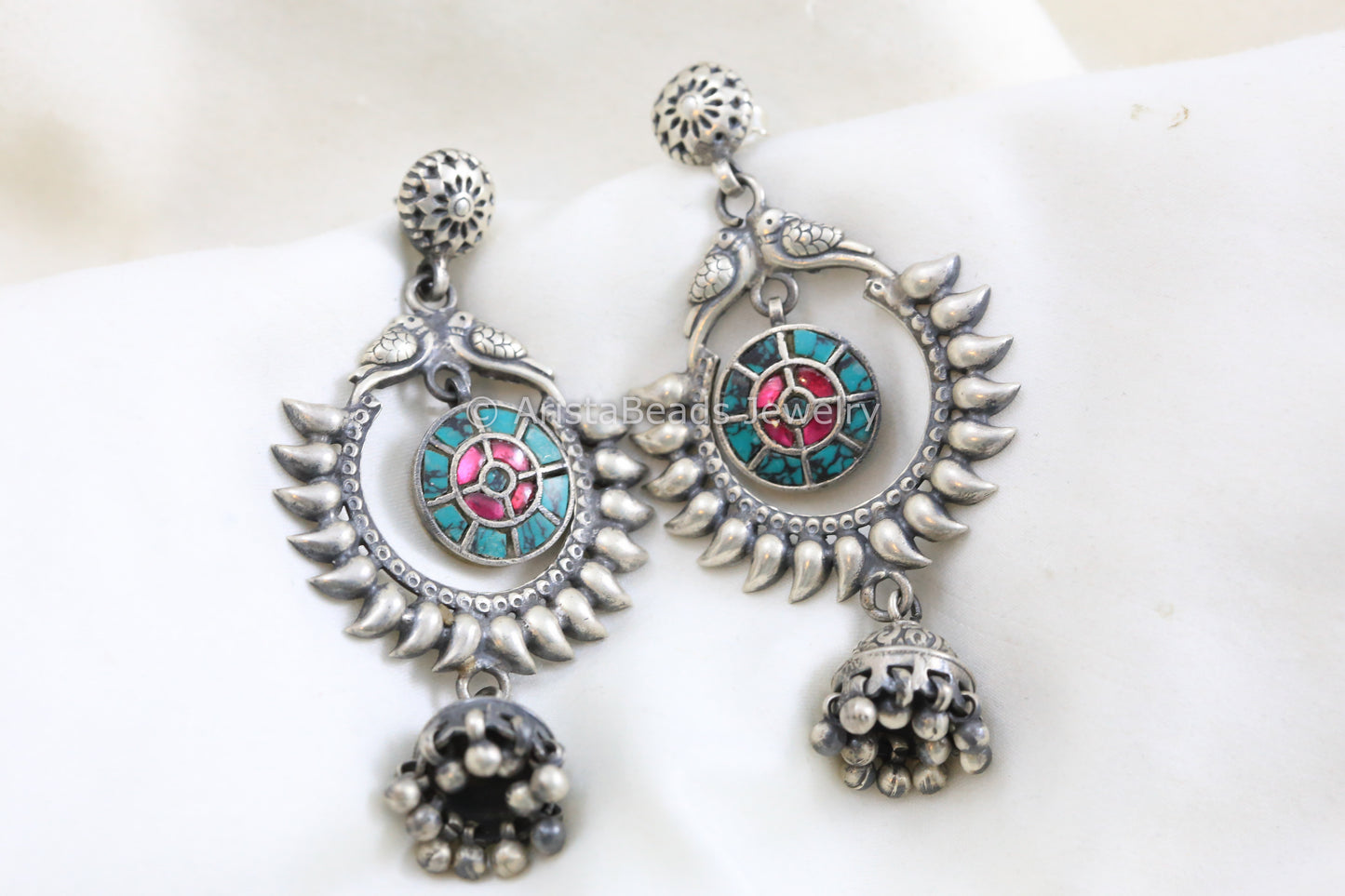 925 Sterling Silver Turquoise & Ruby Kundan Earrings