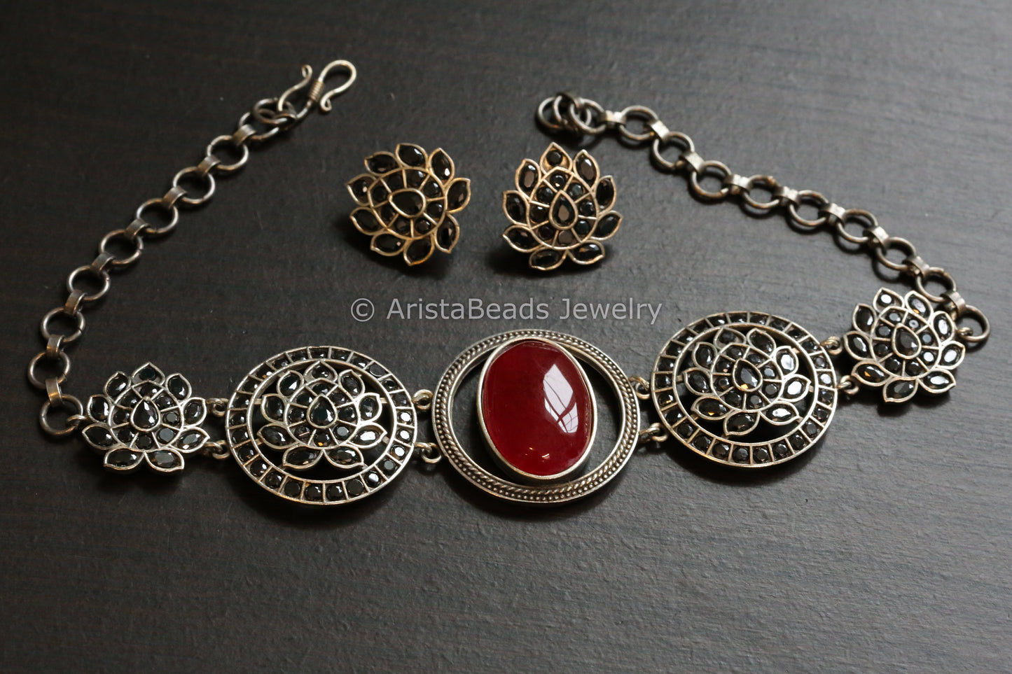 Silver Look Red Black CZ Choker Set