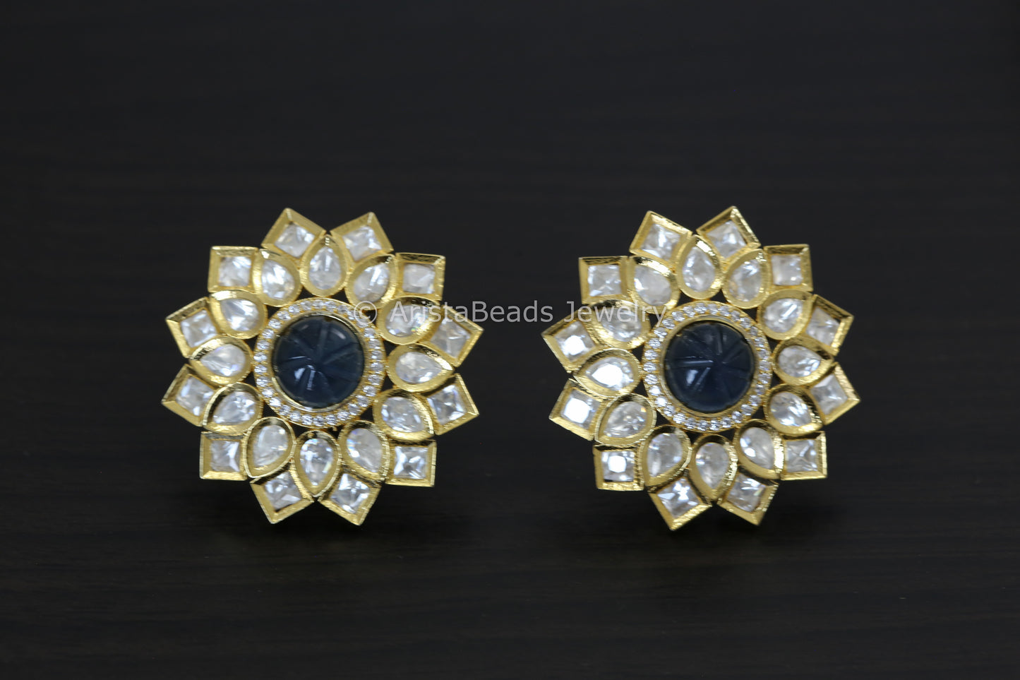 Large Silver Foil Kundan Carved Stone Studs