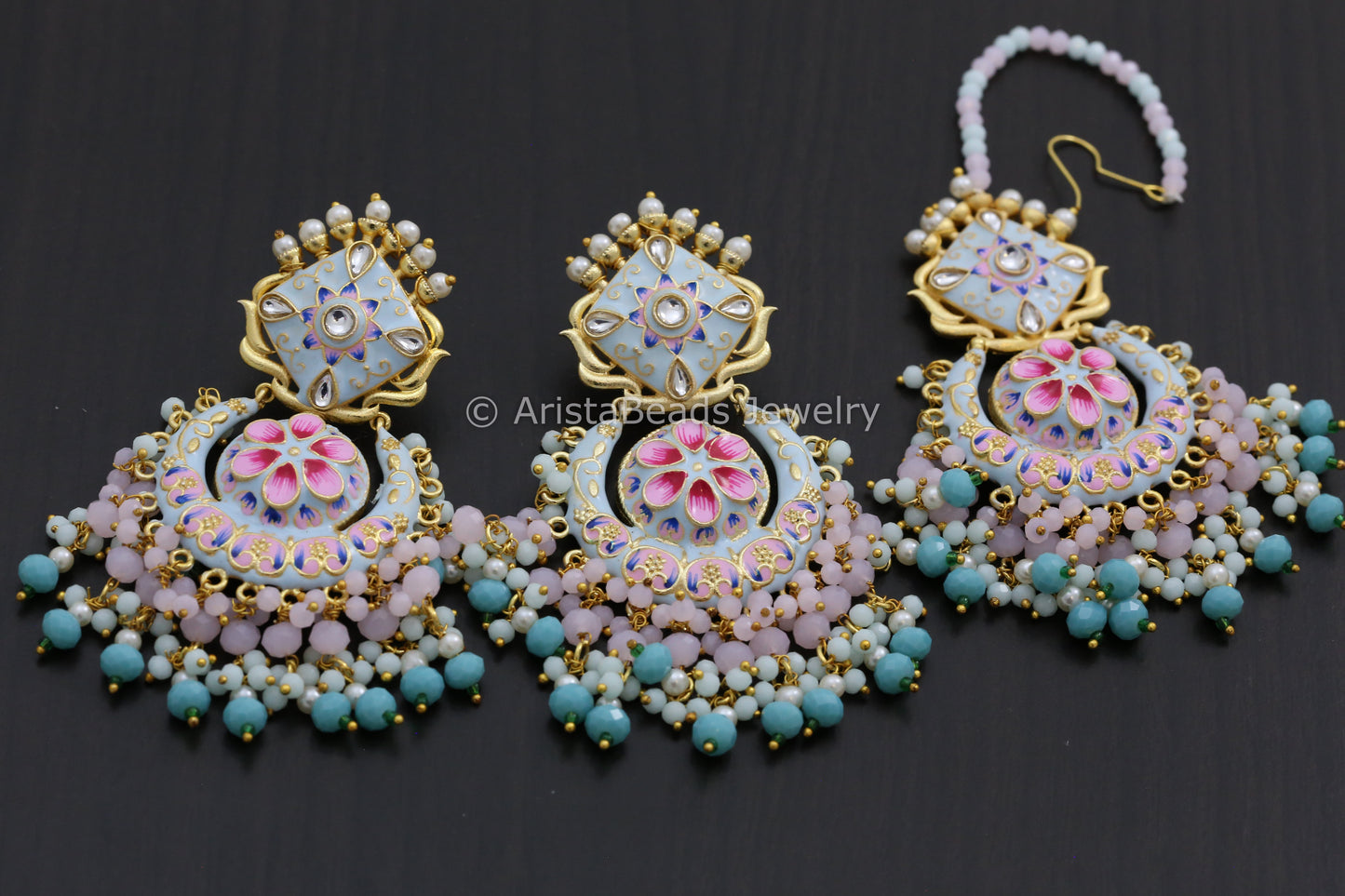 Enamel Kundan Chandbaali Tika Set