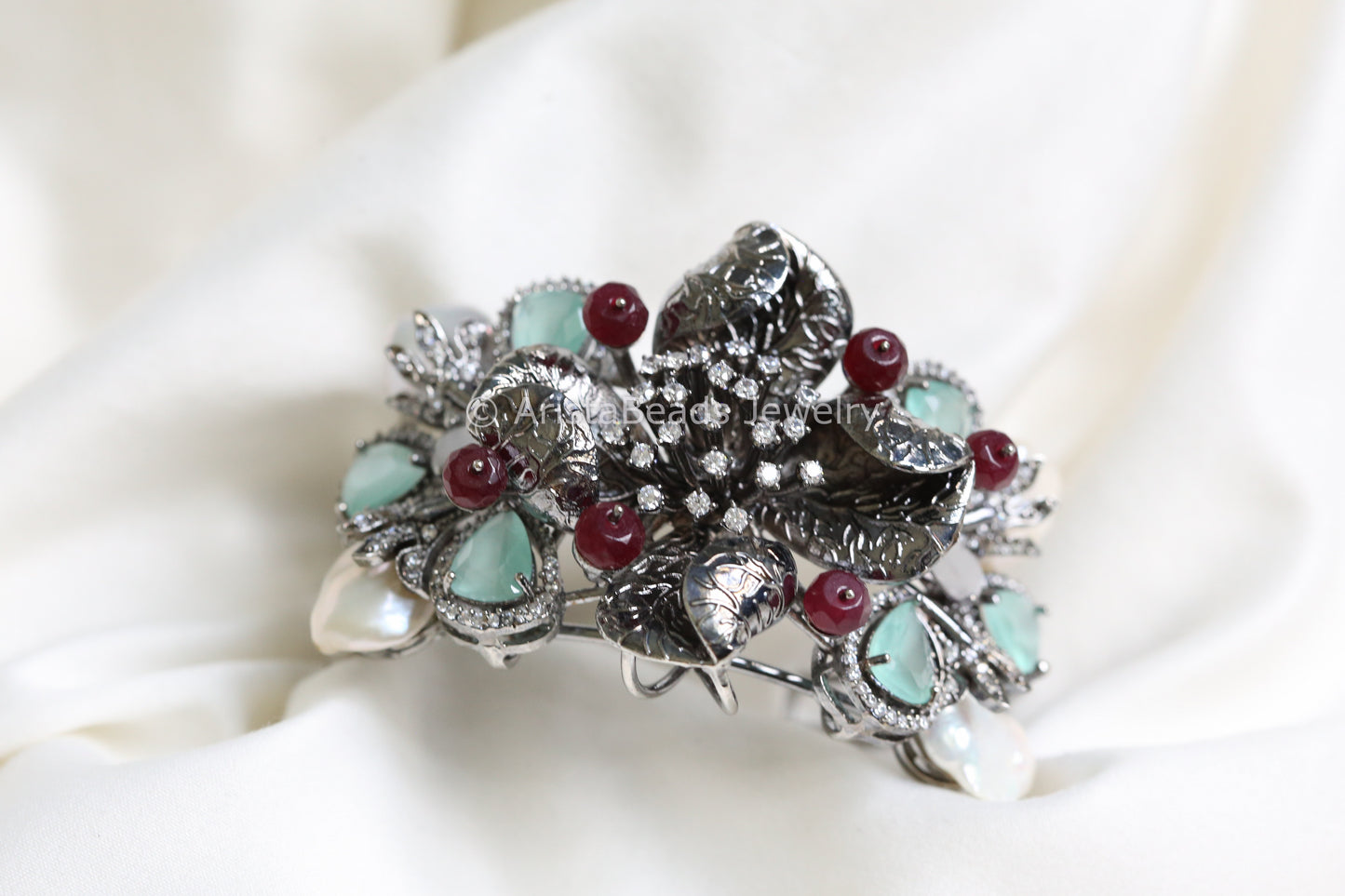 Victorian Finish CZ & Baroque Pearl Bracelet ( Adjustable)