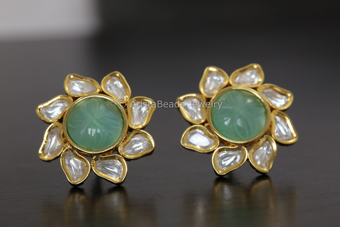 Uncut Polki & Carved Stone Flower Studs