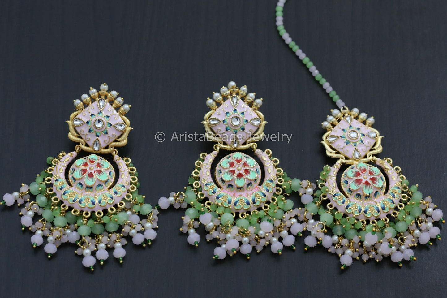Enamel Kundan Chandbaali Tika Set