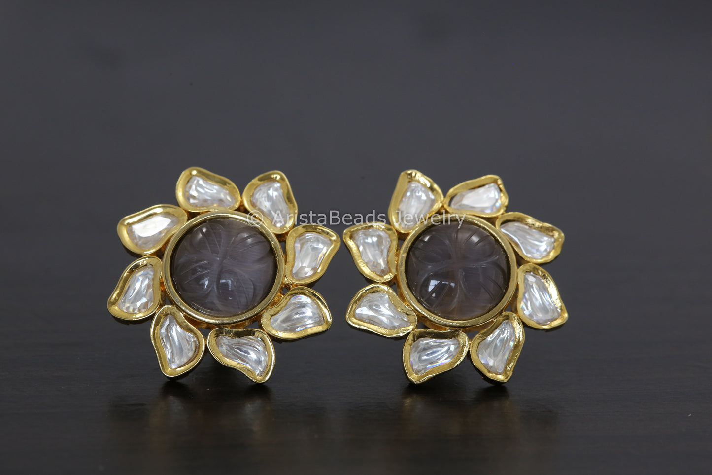 Uncut Polki & Carved Stone Flower Studs
