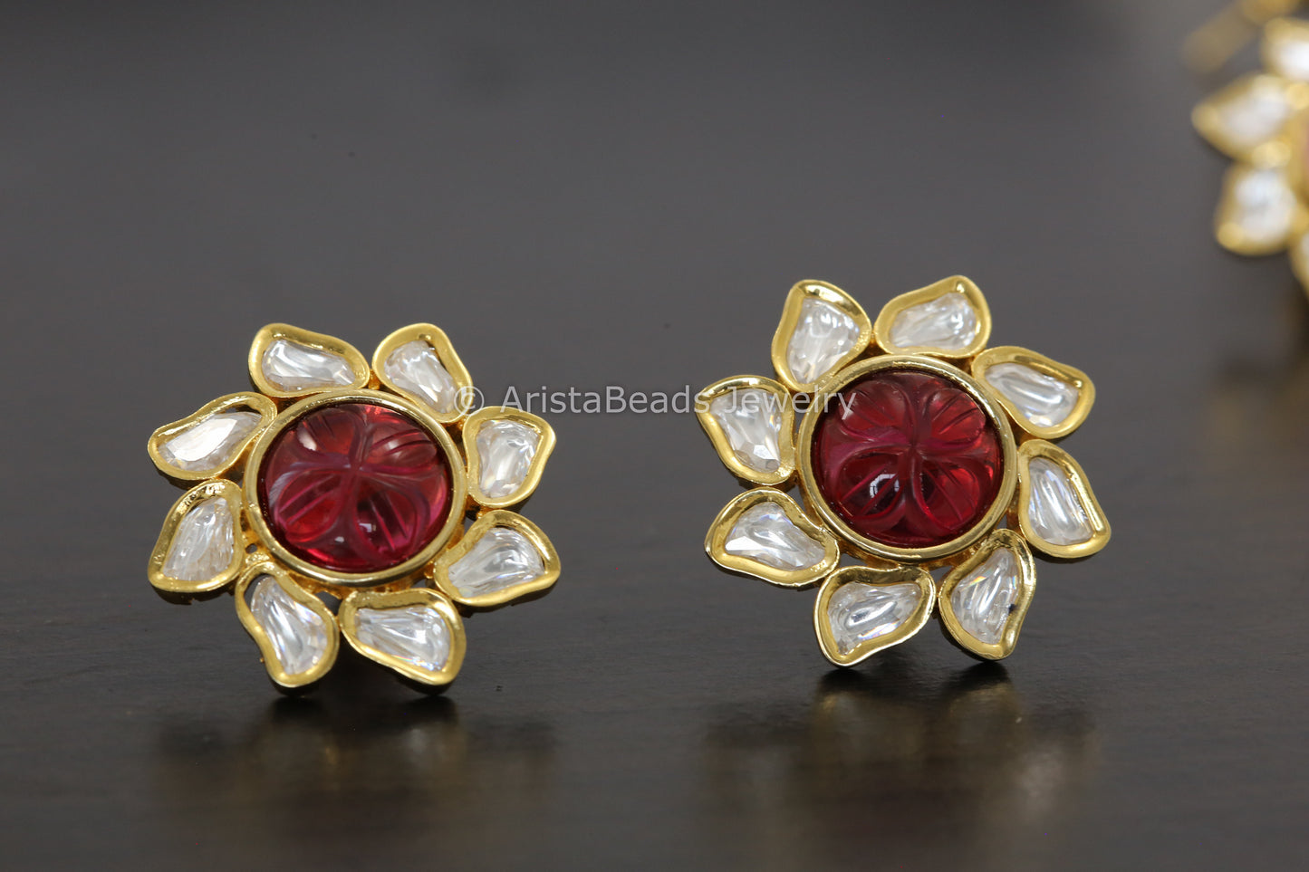 Uncut Polki & Carved Stone Flower Studs