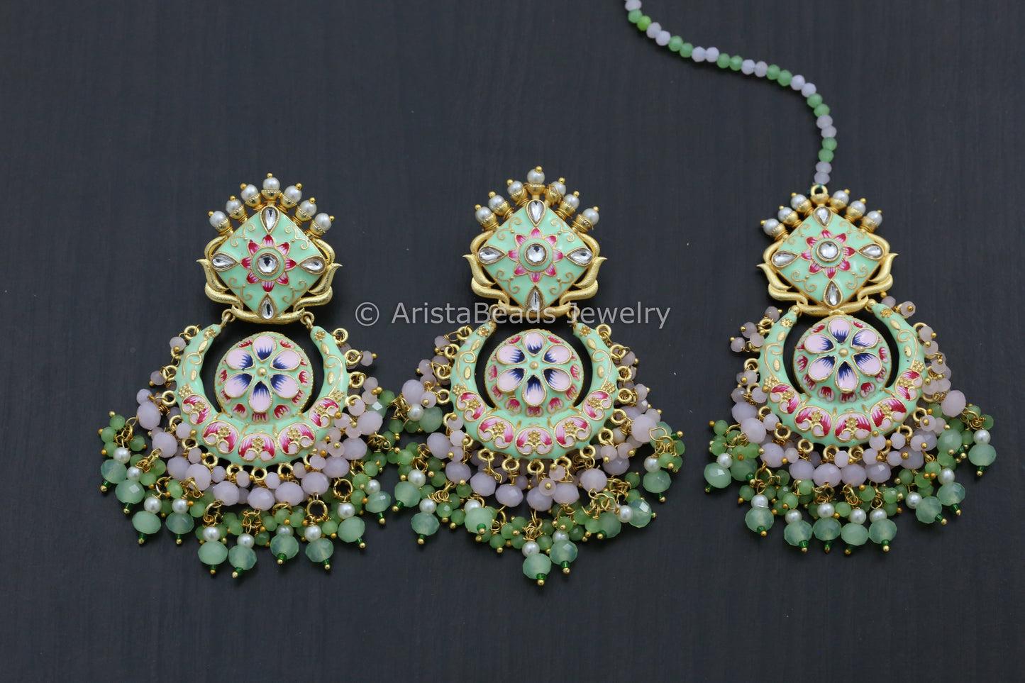 Enamel Kundan Chandbaali Tika Set