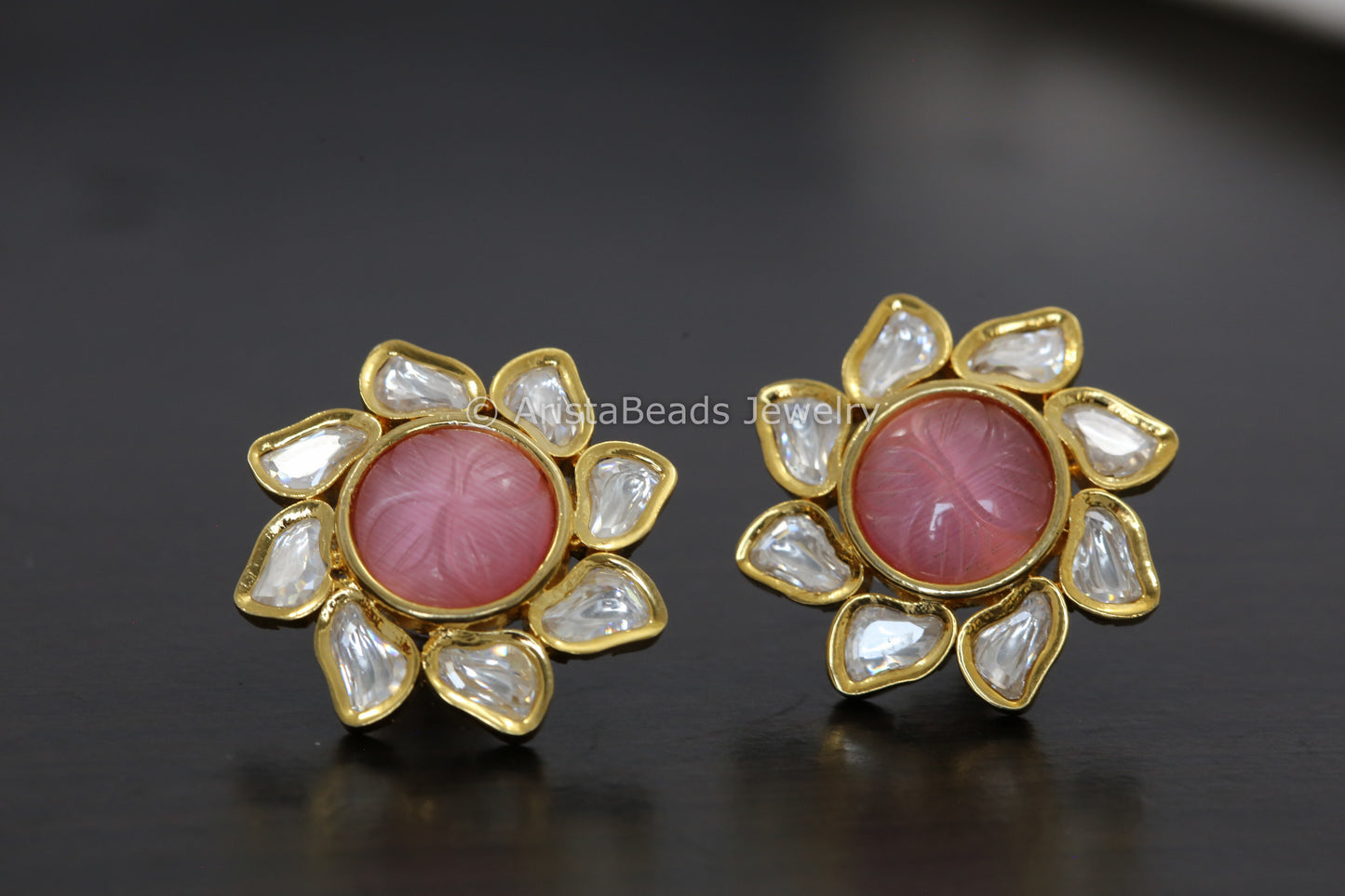 Uncut Polki & Carved Stone Flower Studs
