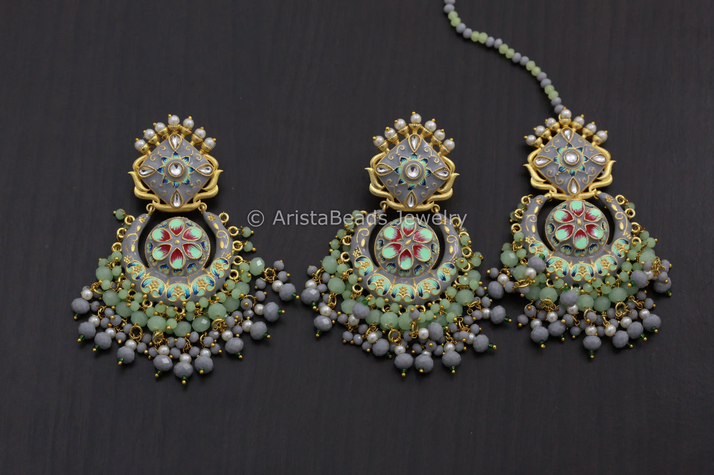 Enamel Kundan Chandbaali Tika Set
