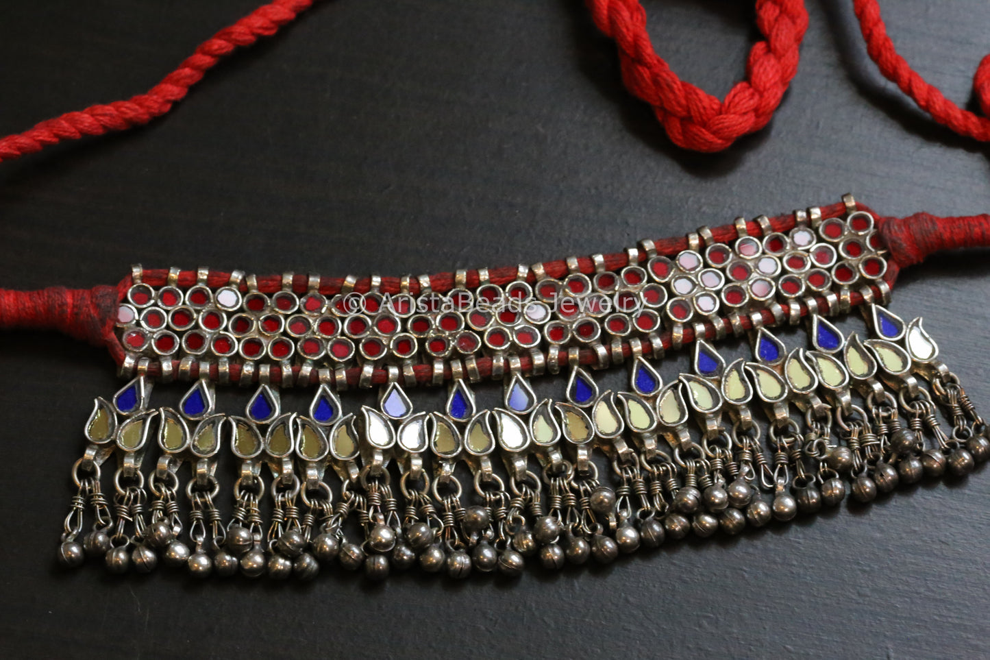 Darpan Oxidized Real Glass Necklace- Red, Gold & Blue