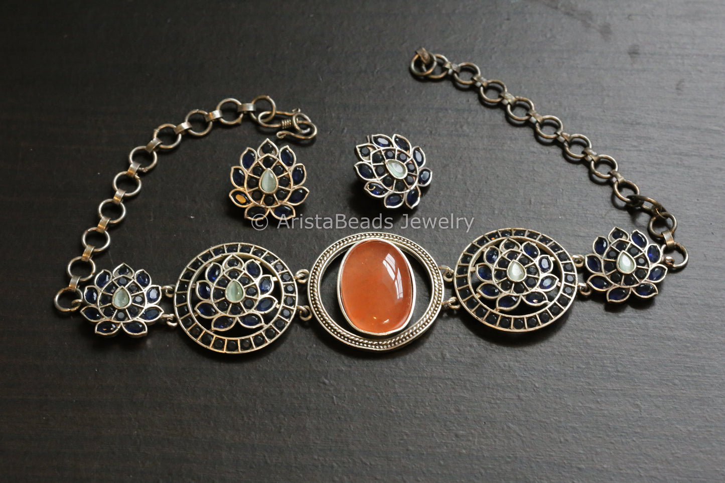 Silver Look Orange Blue Choker Set