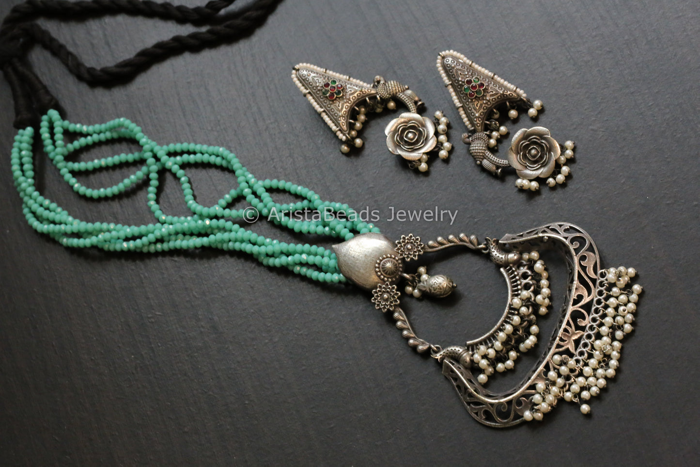 Tribal Oxidized Pearl Drop Necklace Set - Mint