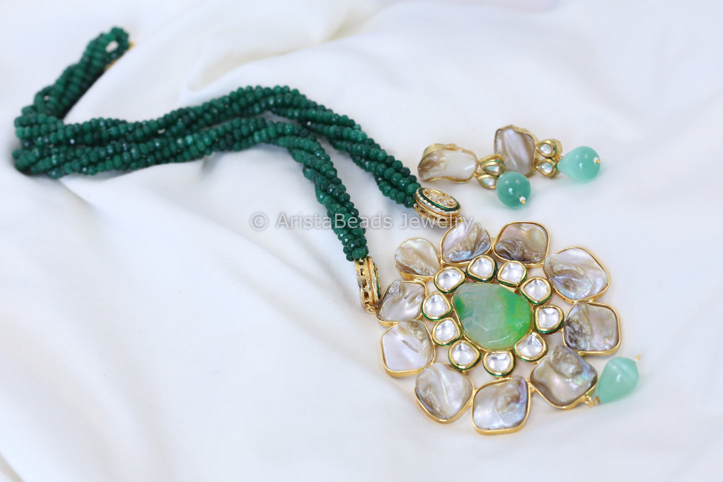 Kundan Mother Of Pearl Necklace Set  - Green