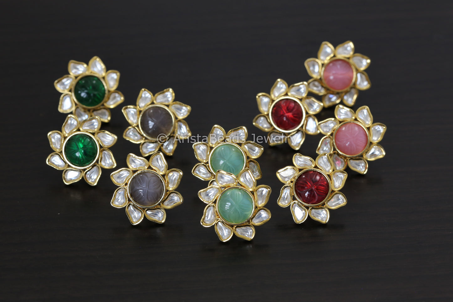 Uncut Polki & Carved Stone Flower Studs