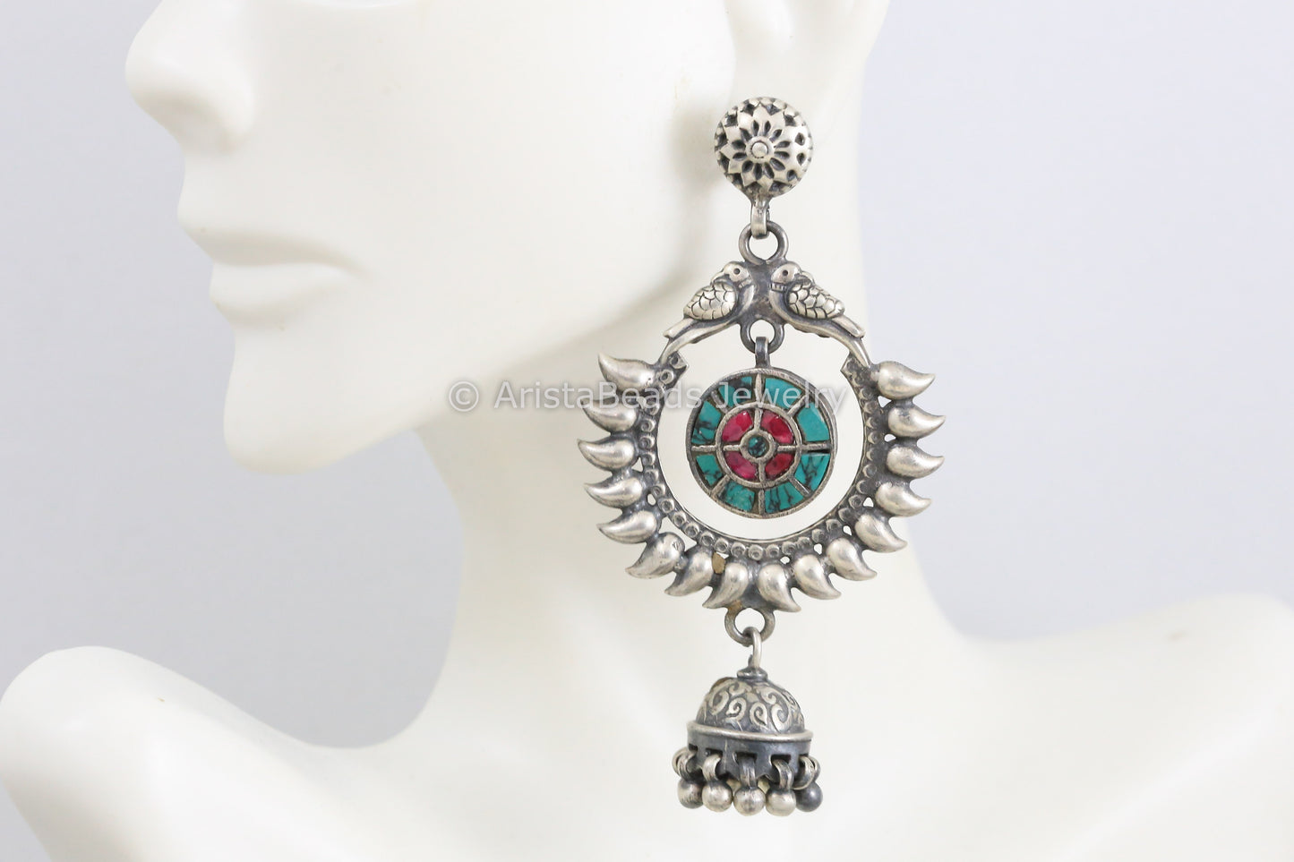 925 Sterling Silver Turquoise & Ruby Kundan Earrings