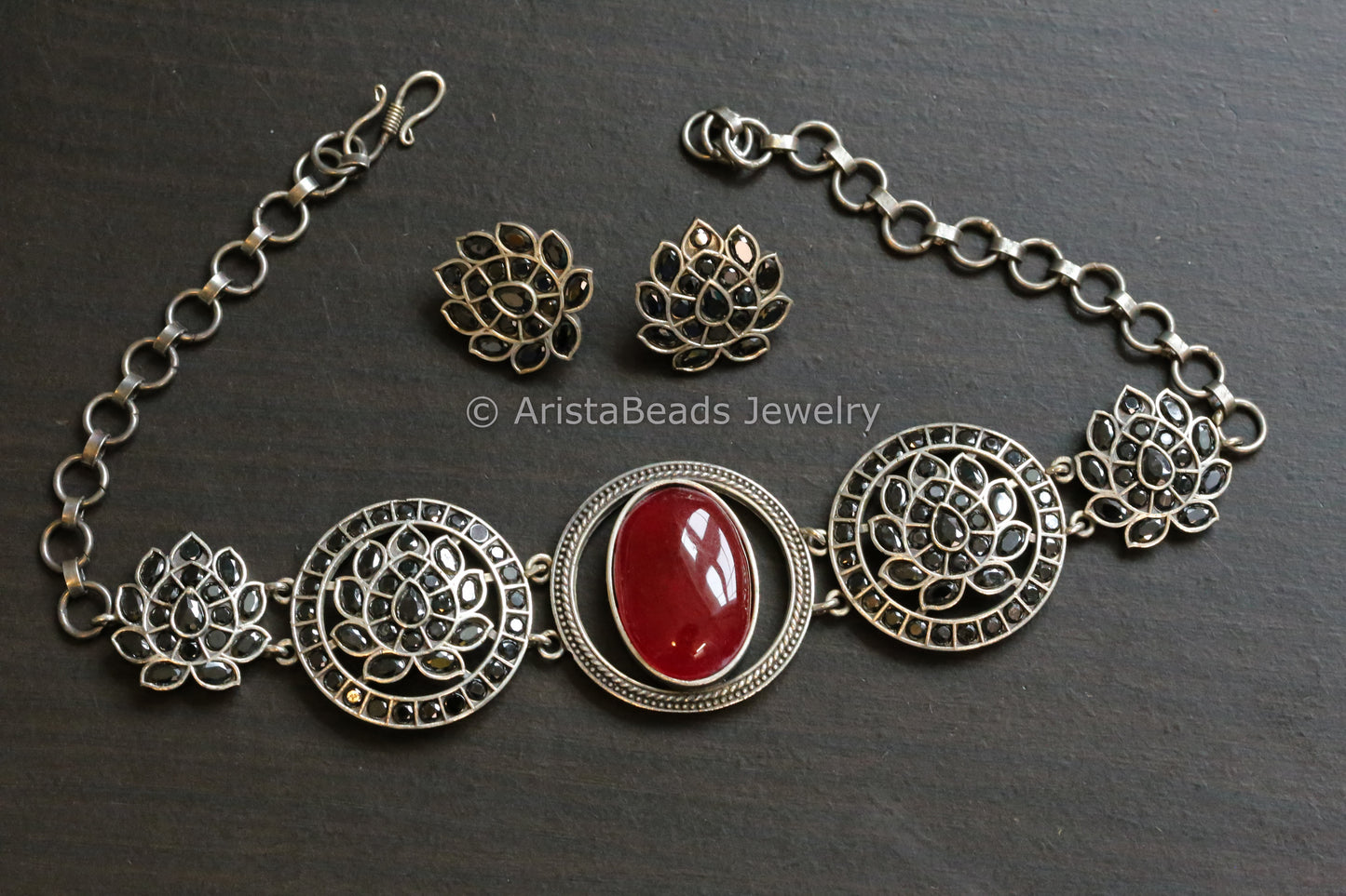 Silver Look Red Black CZ Choker Set