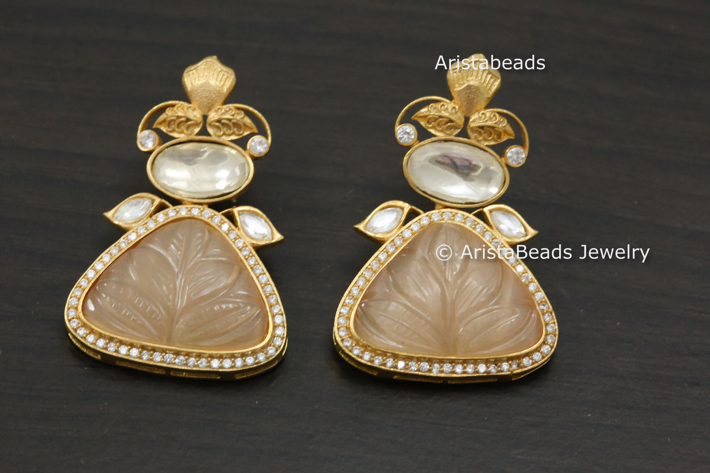 Carved Stone Uncut Polki Kundan Earrings - Peach