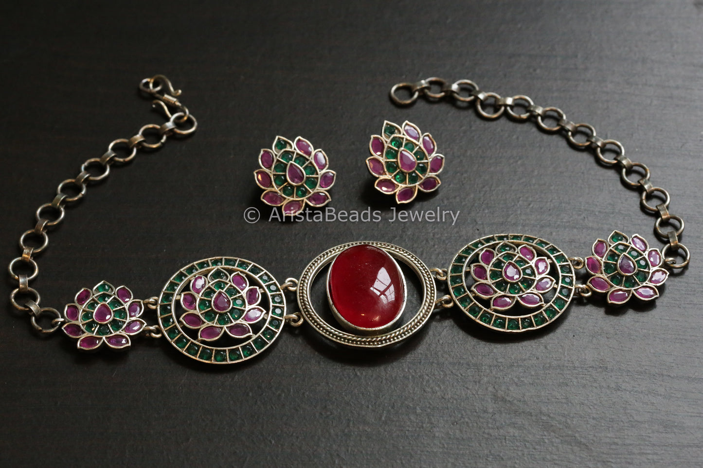 Silver Look Red Ruby CZ Choker Set