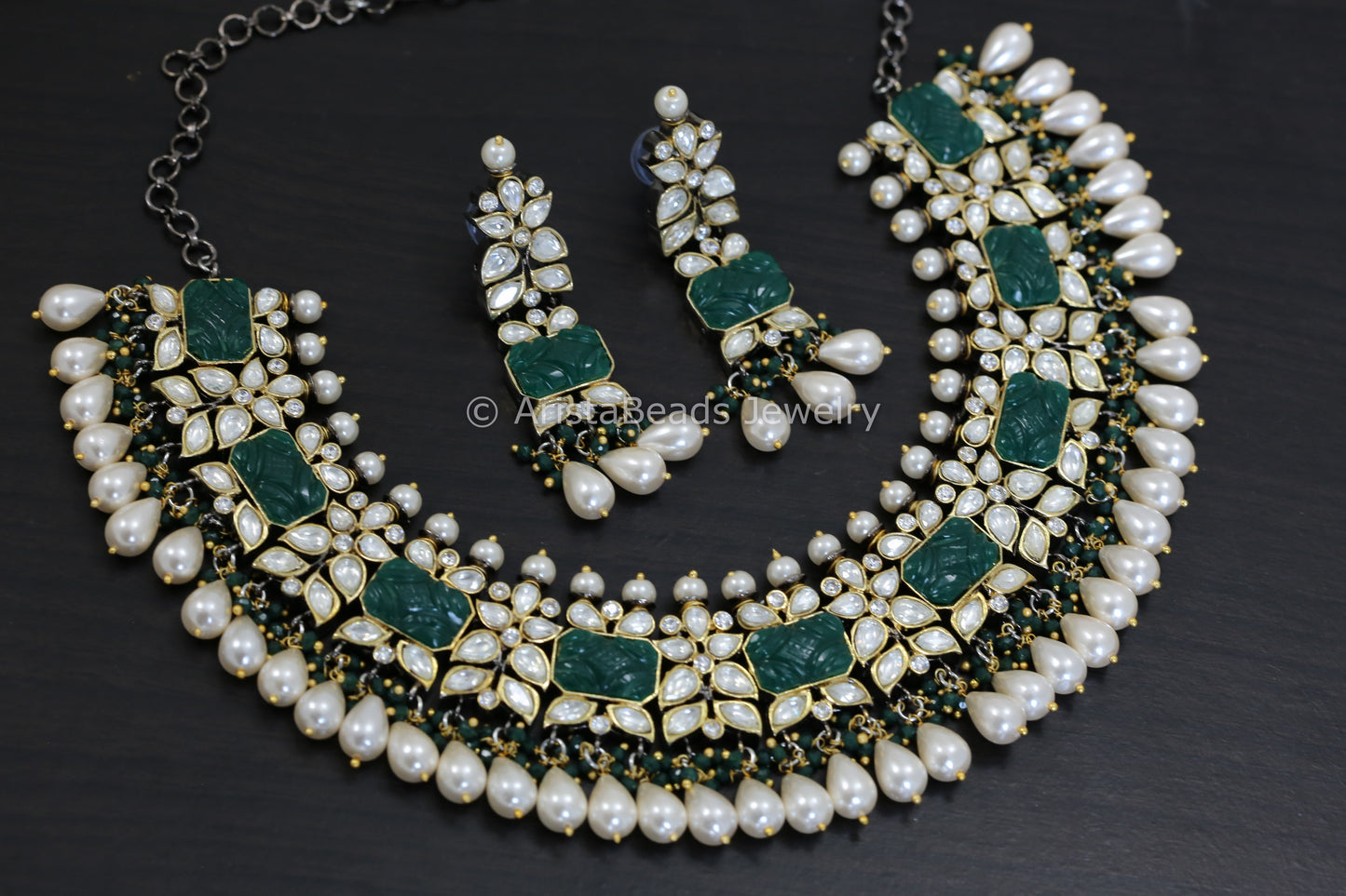 Silver Foil Polki Kundan & Carved Stone Necklace Set - Green