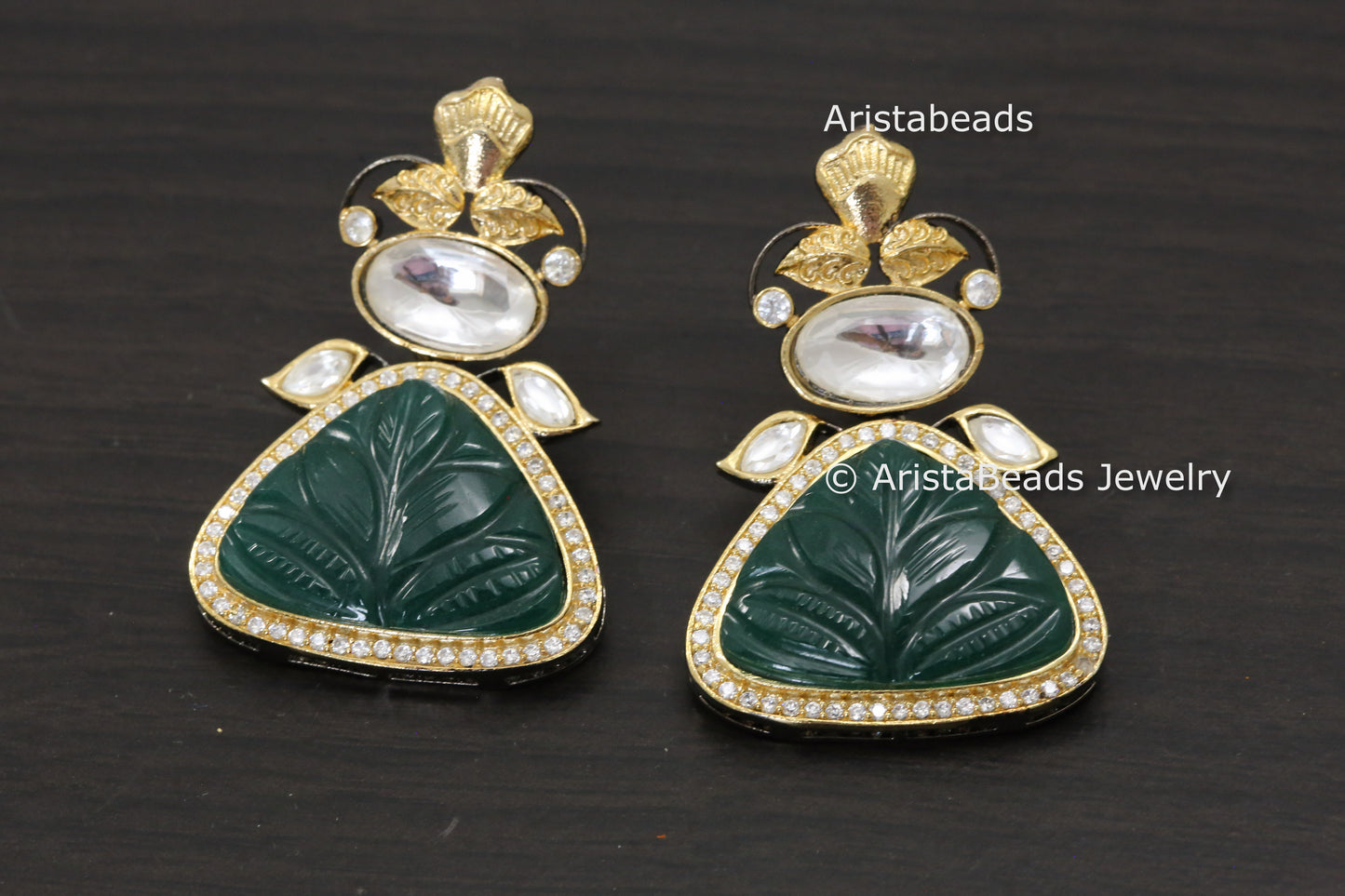 Carved Stone Uncut Polki Kundan Earrings - Green