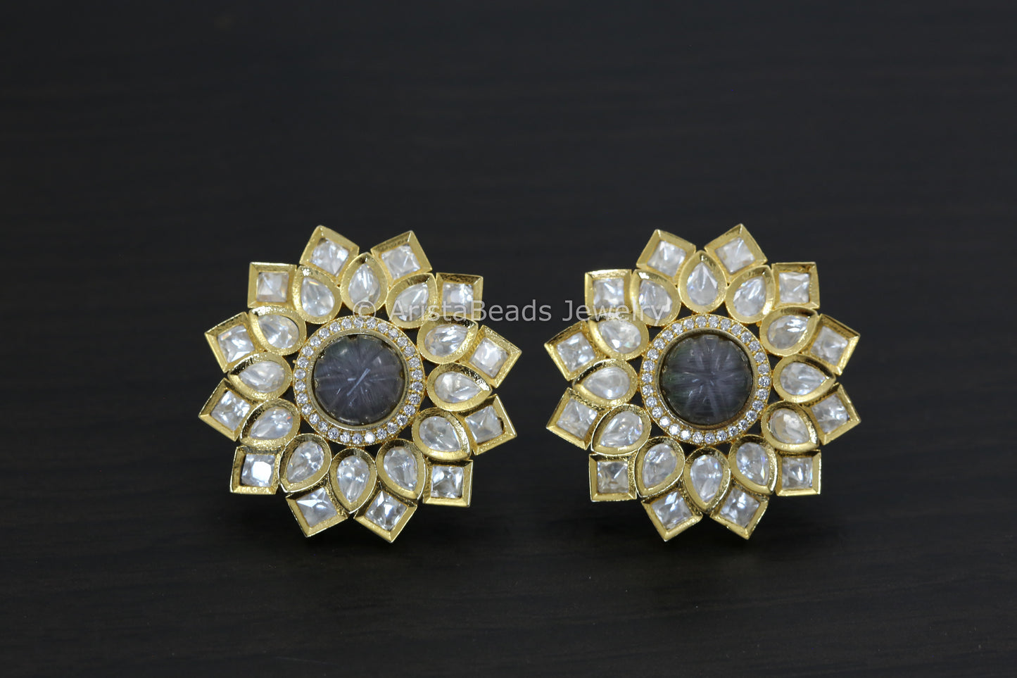 Large Silver Foil Kundan Carved Stone Studs