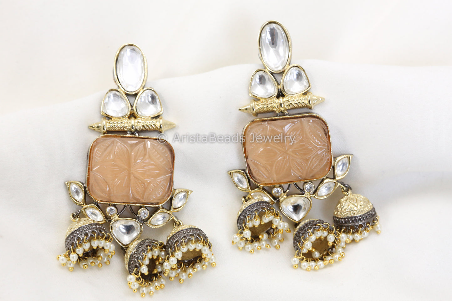 Carved Stone Layered Jhumka - Peach