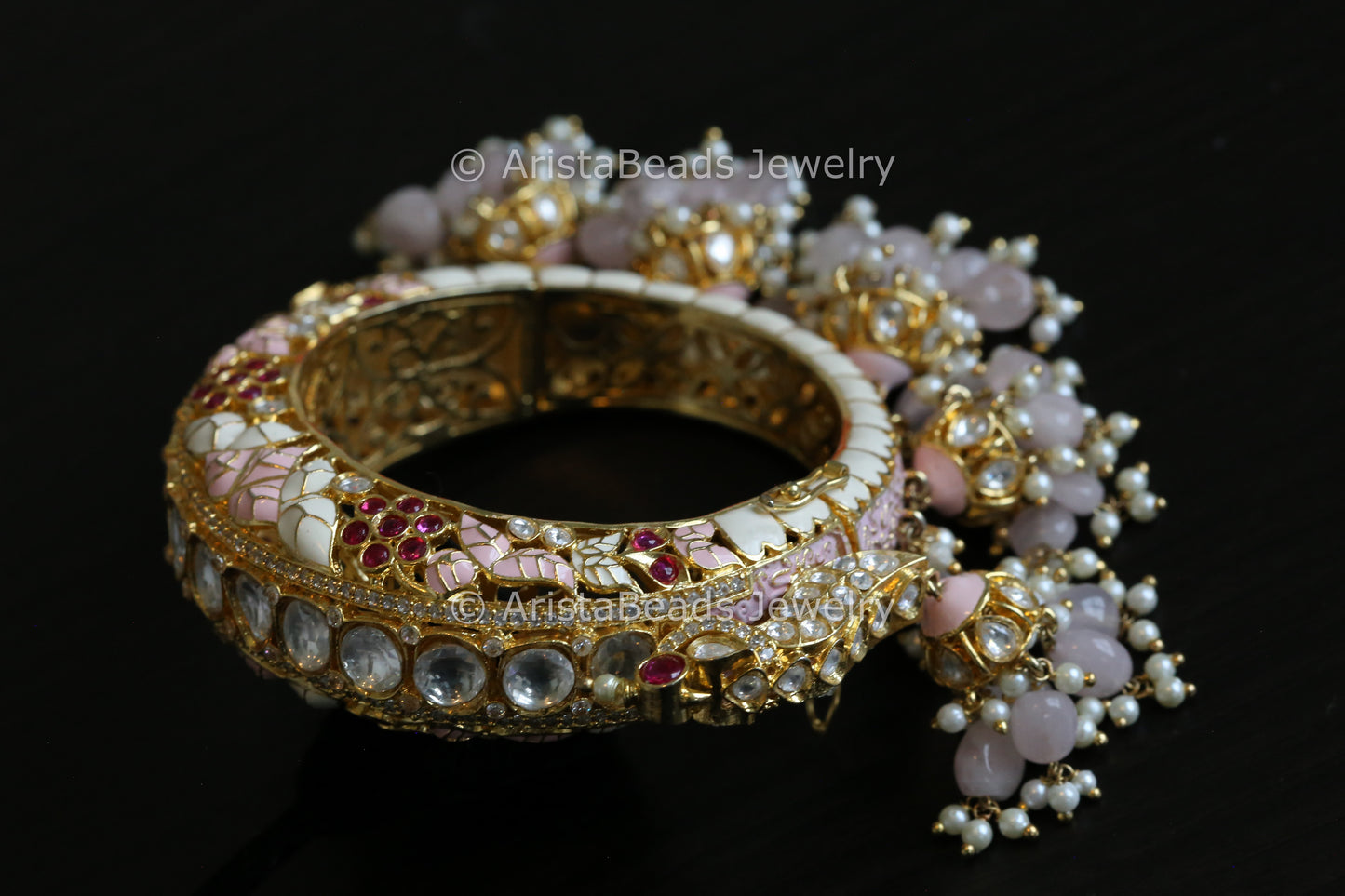 Uncut Kundan Enamel Jhumka Bangle - Ivory