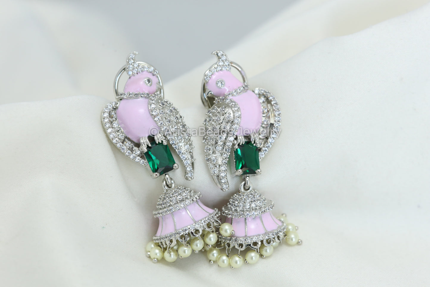Glazed Enamel Bird Jhumka - Pink