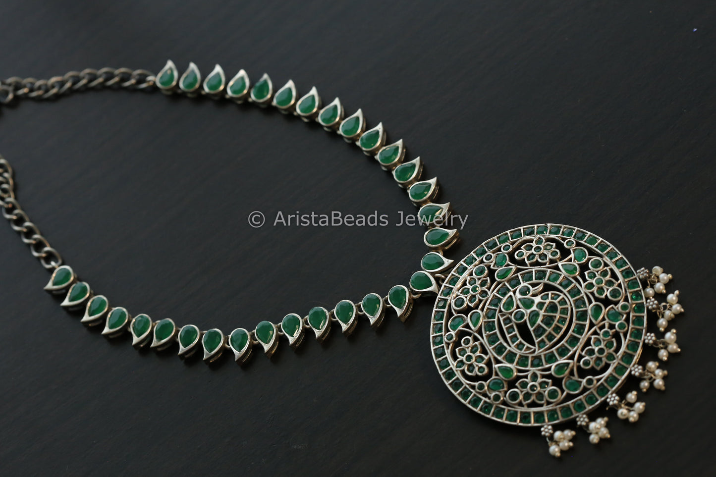 Jadau Look Alike Oxidized CZ Peacock Necklace - Green