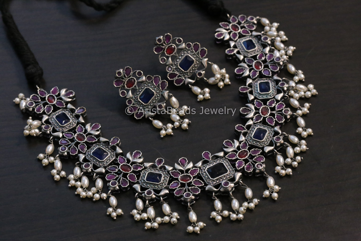 Silver Look Alike Blue Ruby Necklace Set