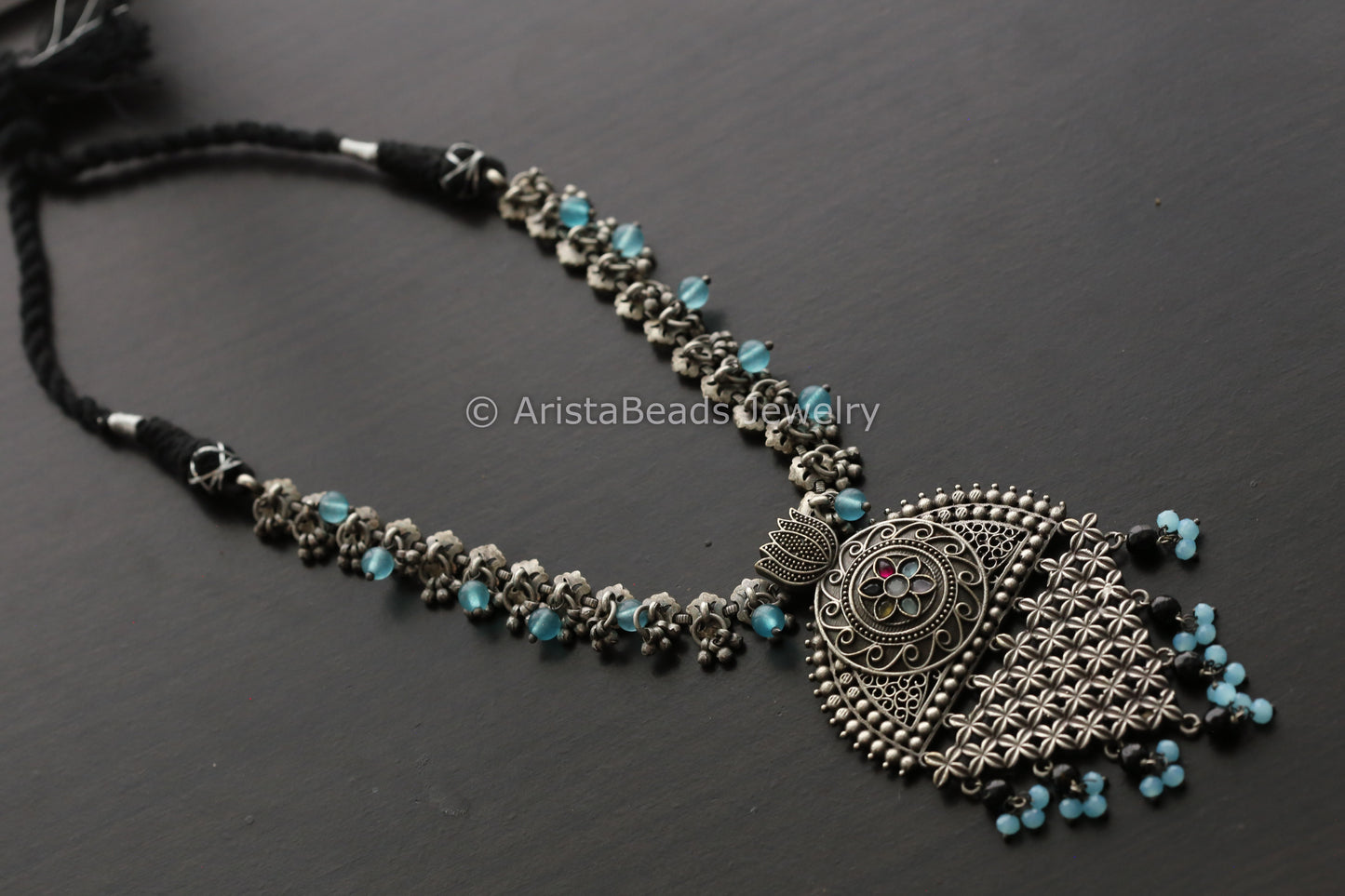 Silver Look Blue Red Necklace