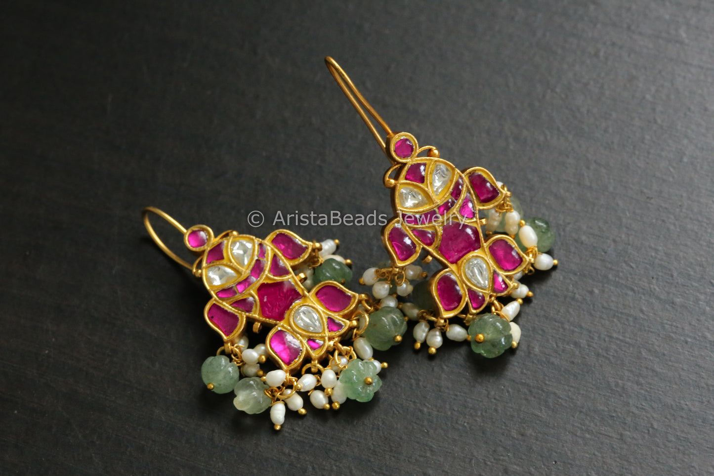 Silver Look Alike Kundan Earrings With Rice Pearls - Ruby