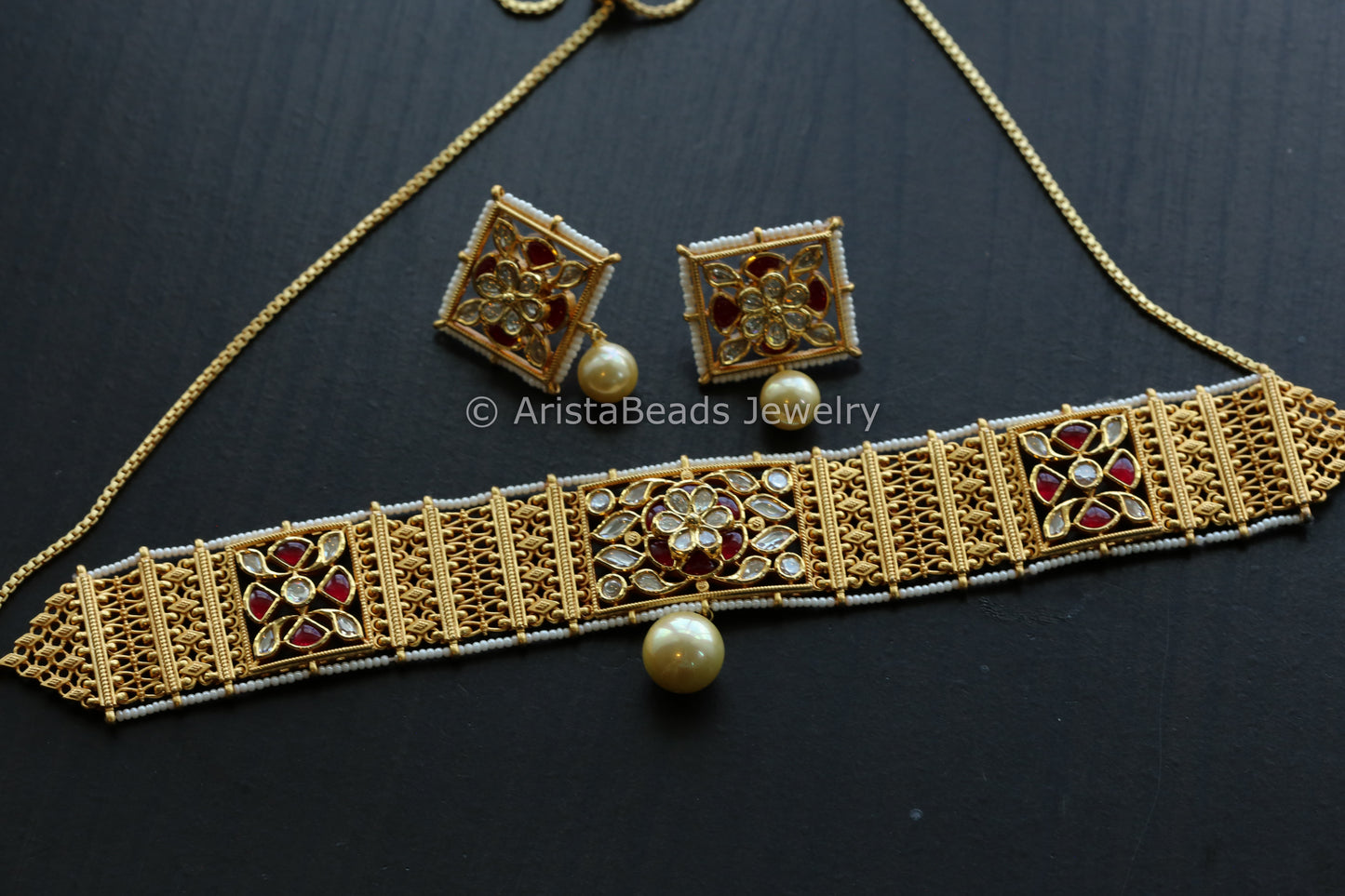 Polki Kundan Real Gold Look Choker Set - Ruby