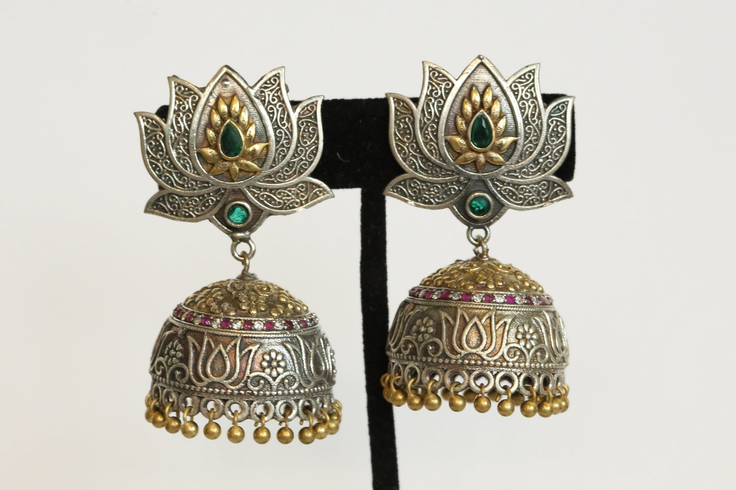 Dual Tone Oxidized Lotus Jhumka - Green
