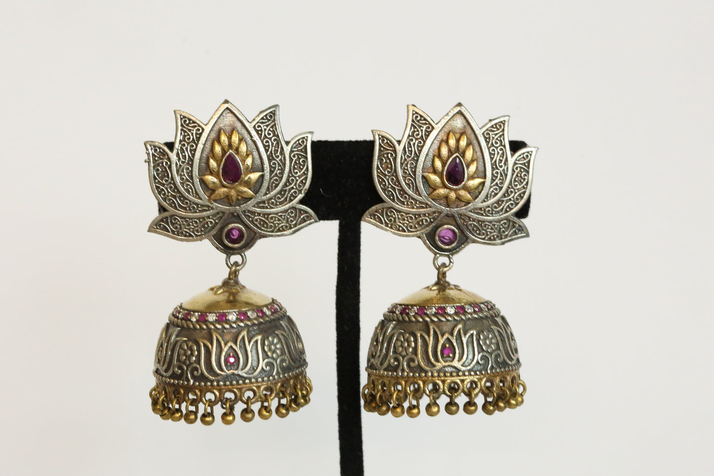 Dual Tone Oxidized Lotus Jhumka - Ruby