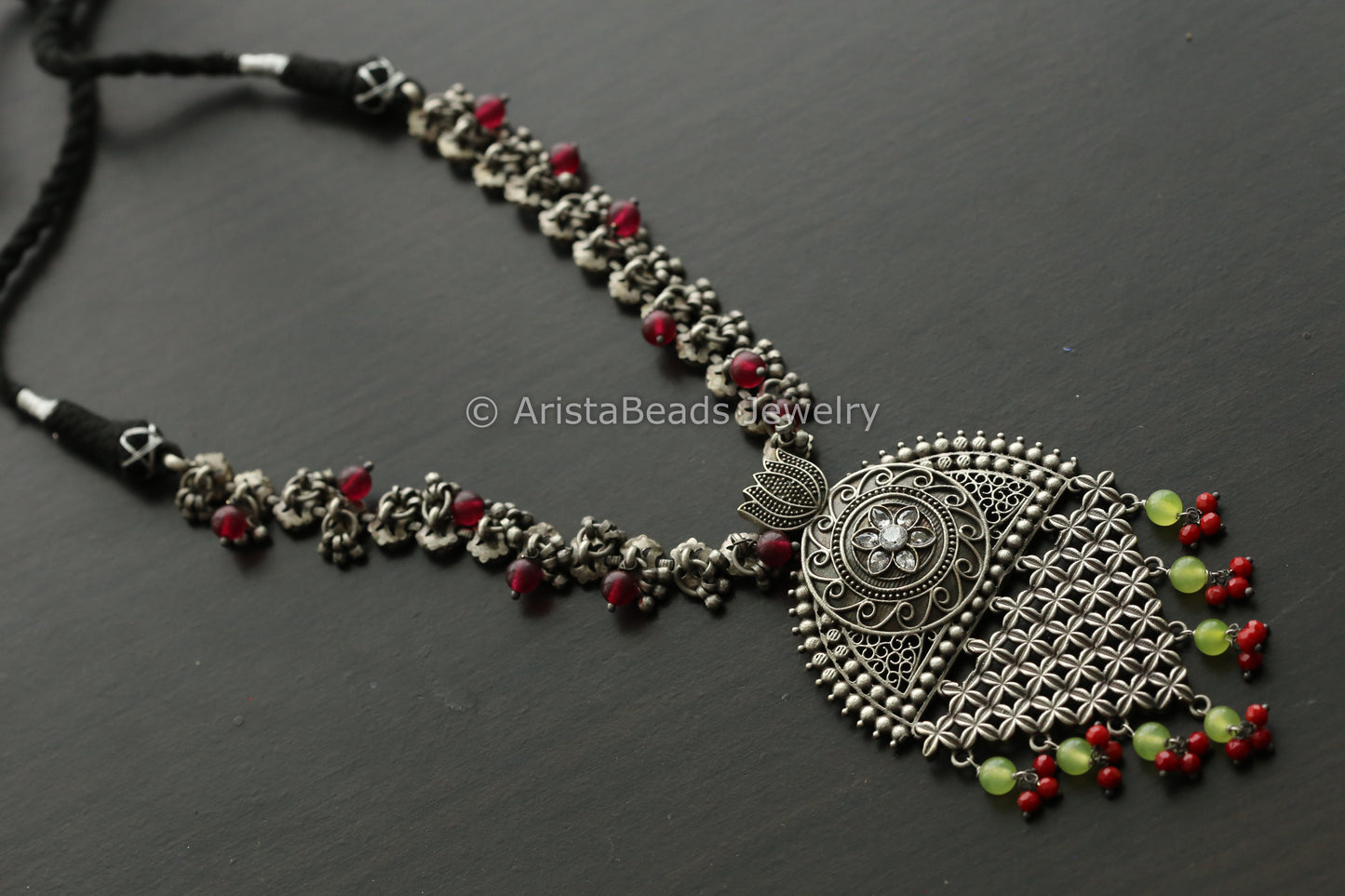 Silver Look Green Red Necklace