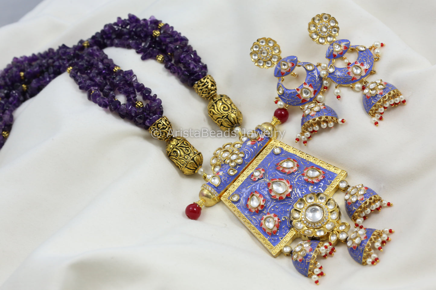 Polki Kundan & Glazed Enamel Amethyst Necklace Set